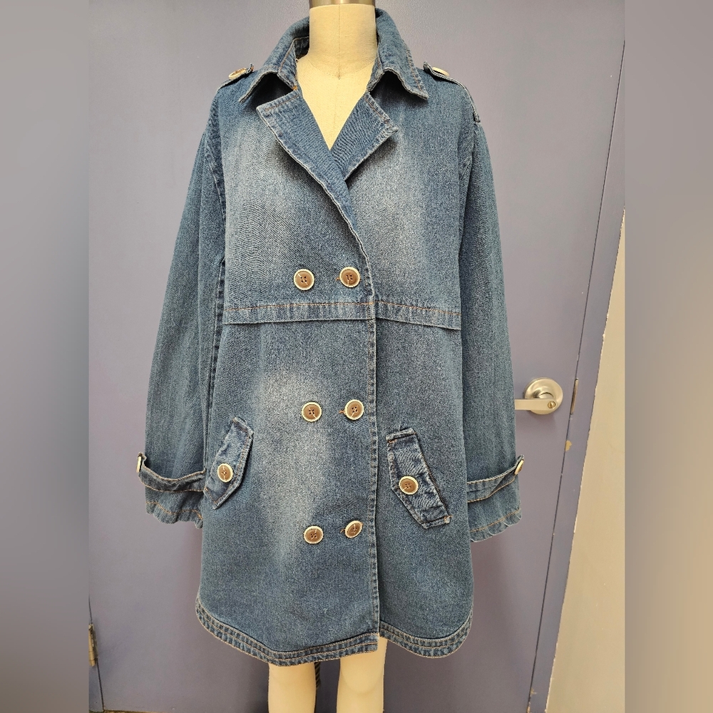 Denim Double-Breasted Trench Coat - Blue